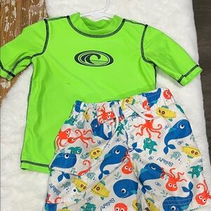 Koala Kids Neon Green Rash Guard with Ocean Print Swim Shorts